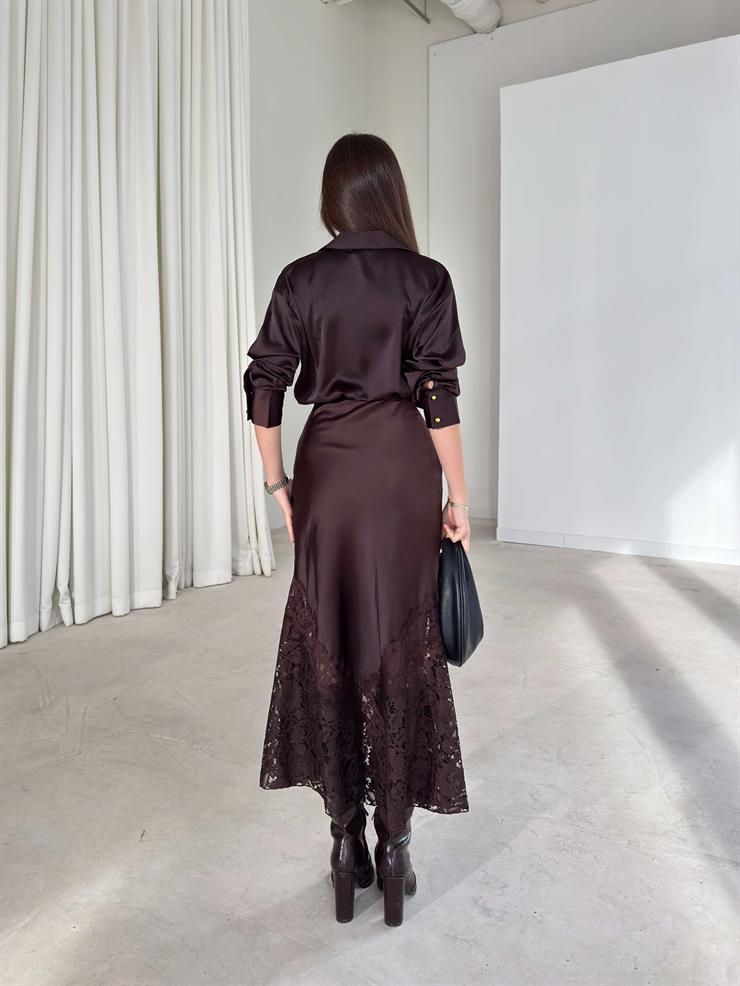 Dantelli Saten Yüksek Bel Dıanlı Kahve Kadın Etek 26K386