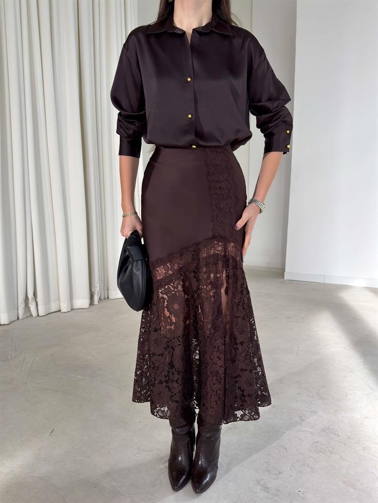 Dantelli Saten Yüksek Bel Dıanlı Kahve Kadın Etek 26K386