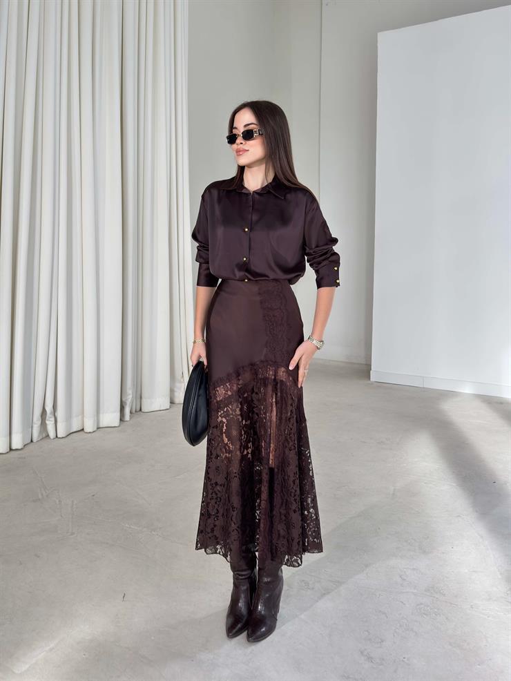 Dantelli Saten Yüksek Bel Dıanlı Kahve Kadın Etek 26K386