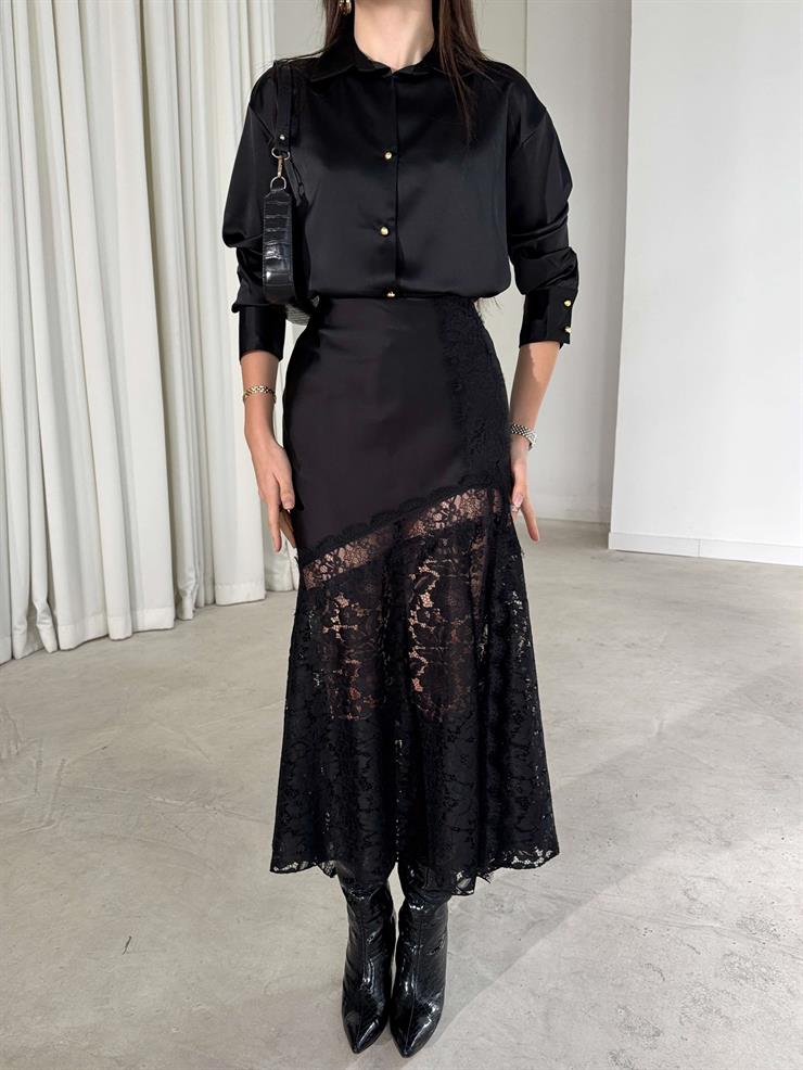 Dantelli Saten Yüksek Bel Dıanlı Siyah Kadın Etek 26K386