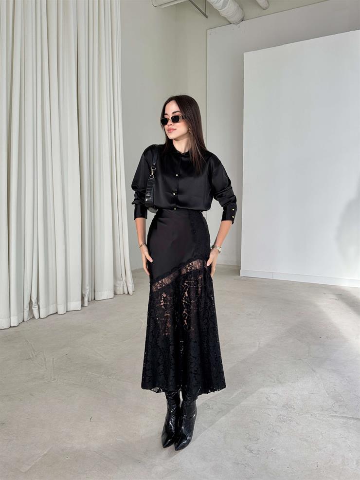 Dantelli Saten Yüksek Bel Dıanlı Siyah Kadın Etek 26K386