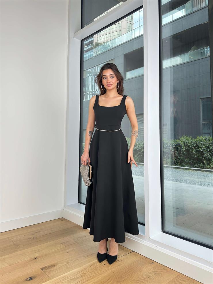 Kalın Askılı Kare Yaka Dida Kadın Siyah Elbise 24Y369