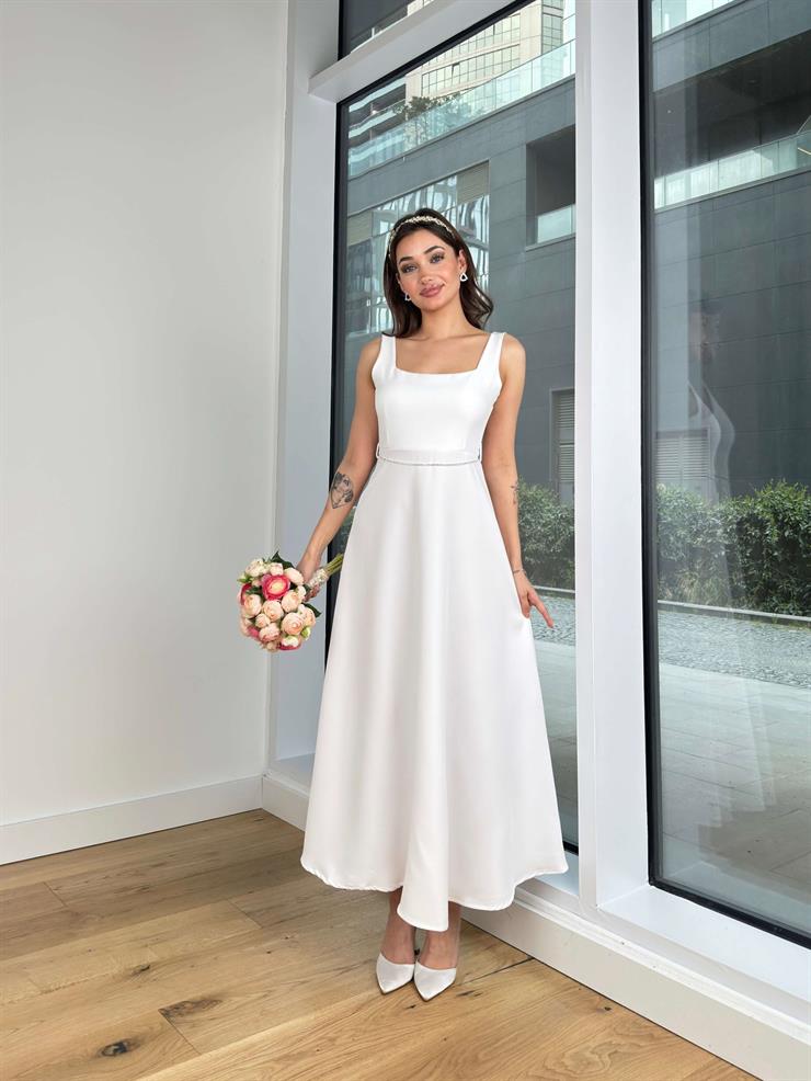 Kalın Askılı Kare Yaka Dida Kadın Beyaz Elbise 24Y369