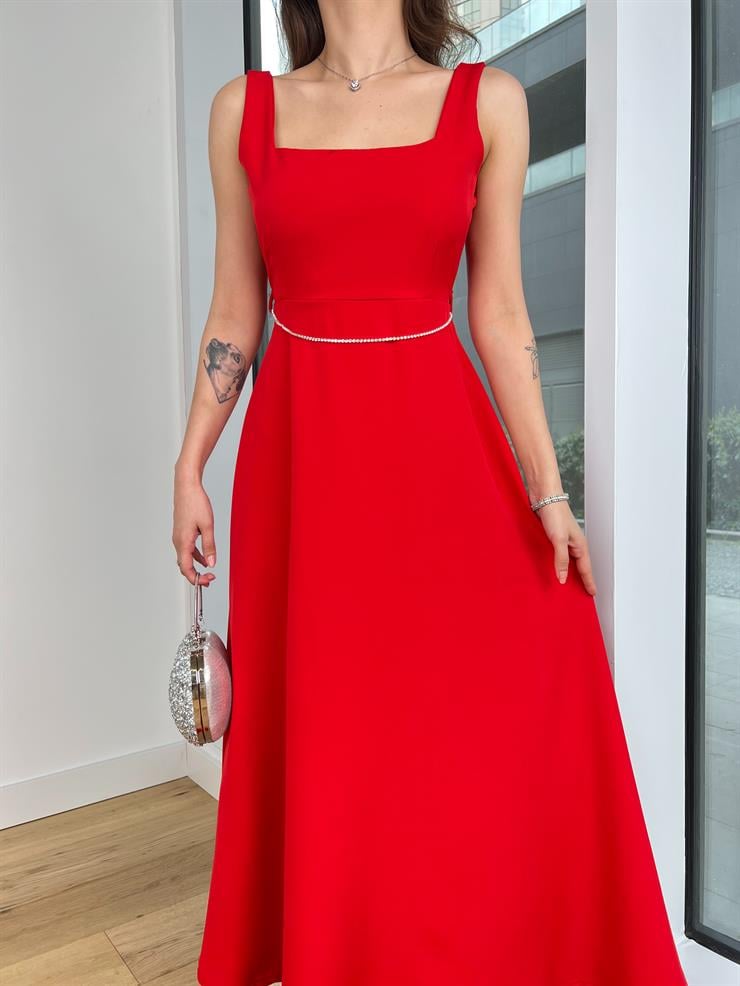 Kalın Askılı Kare Yaka Dida Kadın Kırmızı Elbise 24Y369