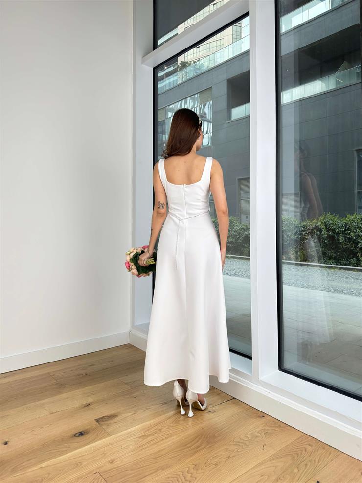 Kalın Askılı Kare Yaka Dida Kadın Beyaz Elbise 24Y369