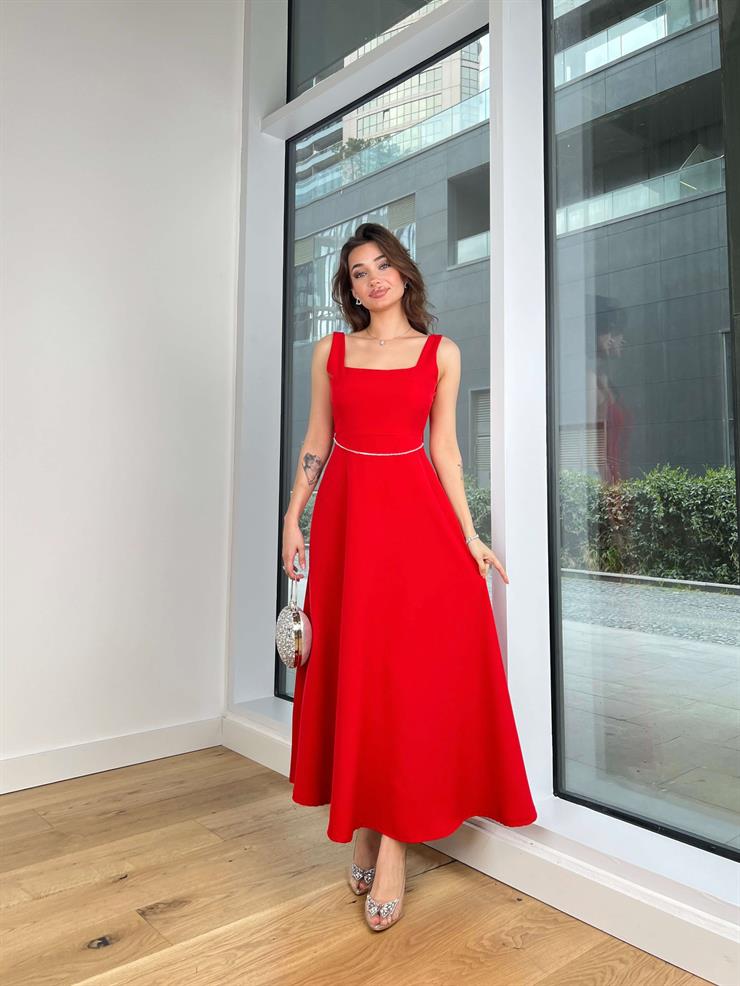 Kalın Askılı Kare Yaka Dida Kadın Kırmızı Elbise 24Y369