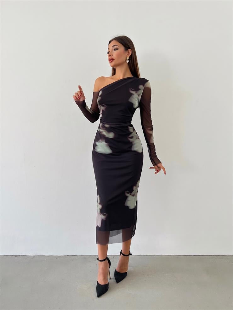 Tek Omuz Tül Kol Diego Kadın Renkli Desenli Midi Elbise 24k000047