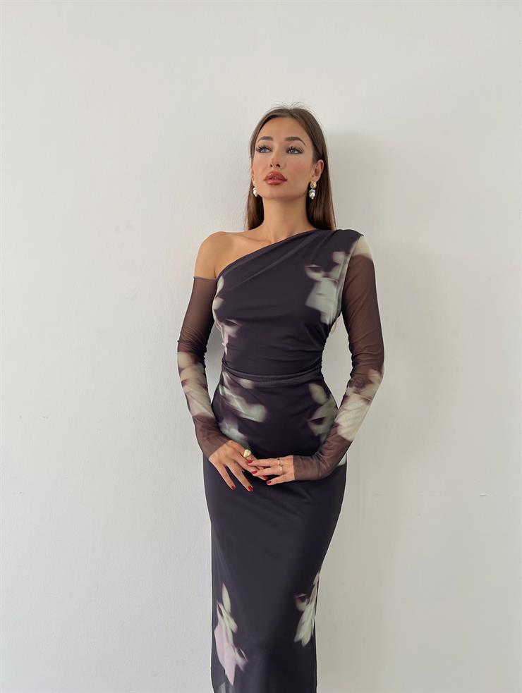 Tek Omuz Tül Kol Diego Kadın Renkli Desenli Midi Elbise 24k000047