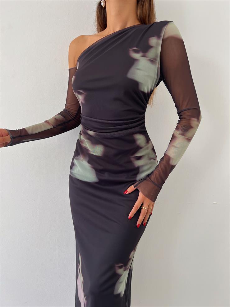 Tek Omuz Tül Kol Diego Kadın Renkli Desenli Midi Elbise 24k000047