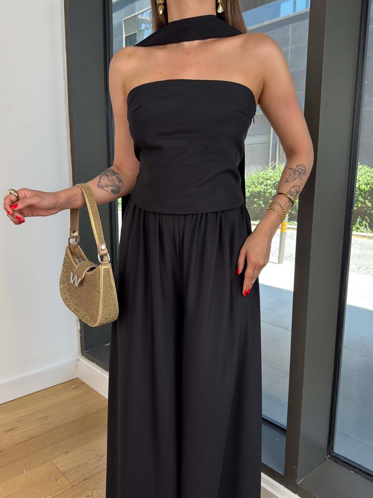 Straplez Bluz Yüksek Bel Bol Pantolon Boyundan Kuşaklı Diipli Siyah Kadın Takım 25Y513