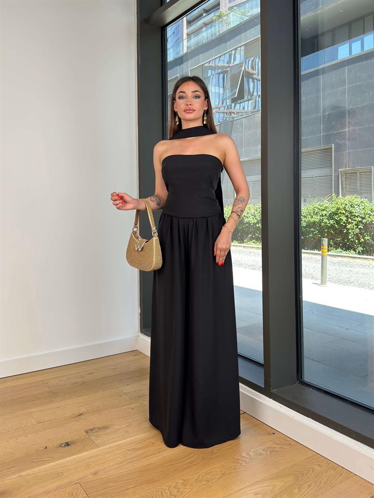 Straplez Bluz Yüksek Bel Bol Pantolon Boyundan Kuşaklı Diipli Siyah Kadın Takım 25Y513