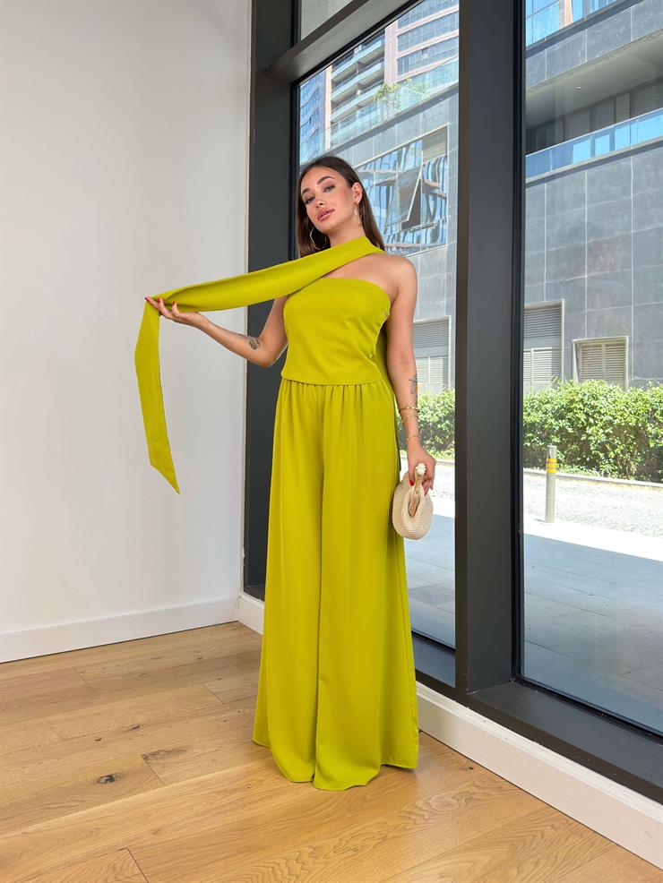 Straplez Bluz Yüksek Bel Bol Pantolon Boyundan Kuşaklı Diipli Yeşil Kadın Takım 25Y513