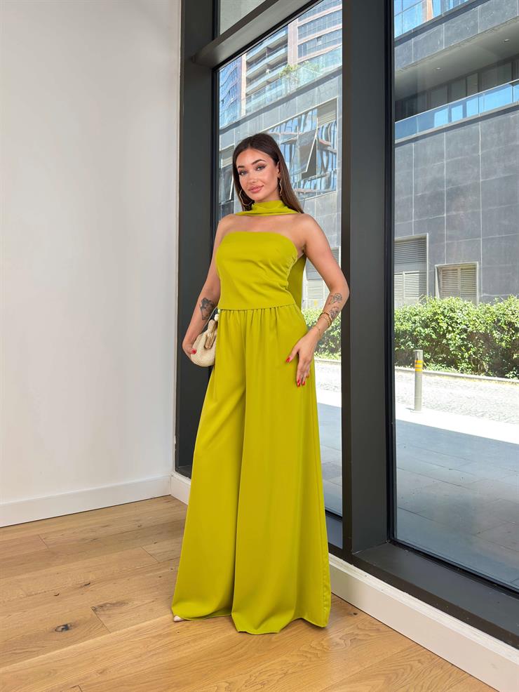 Straplez Bluz Yüksek Bel Bol Pantolon Boyundan Kuşaklı Diipli Yeşil Kadın Takım 25Y513