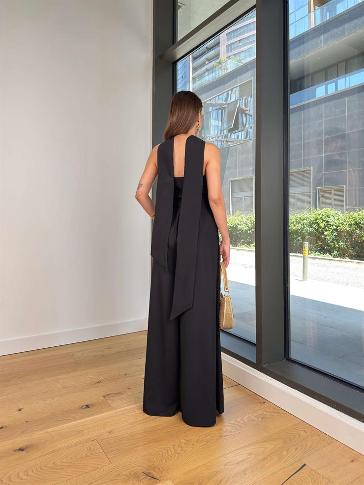 Straplez Bluz Yüksek Bel Bol Pantolon Boyundan Kuşaklı Diipli Siyah Kadın Takım 25Y513