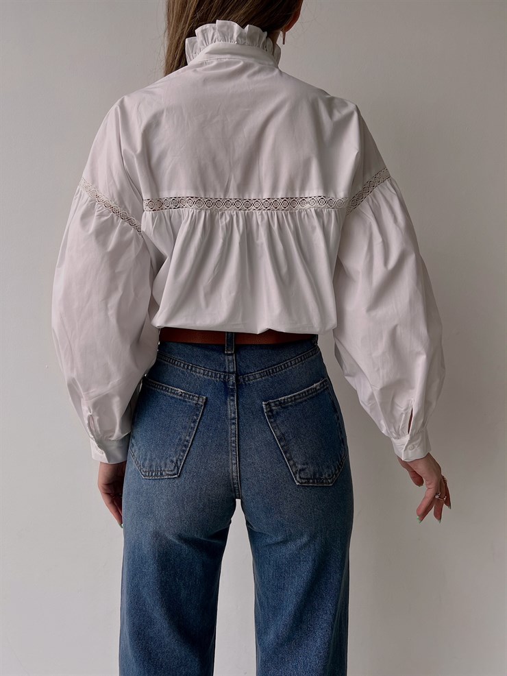 Dik Fırfırlı Yaka Dantel Detaylı Jamya Kadın Beyaz Gömlek 22Y000058
