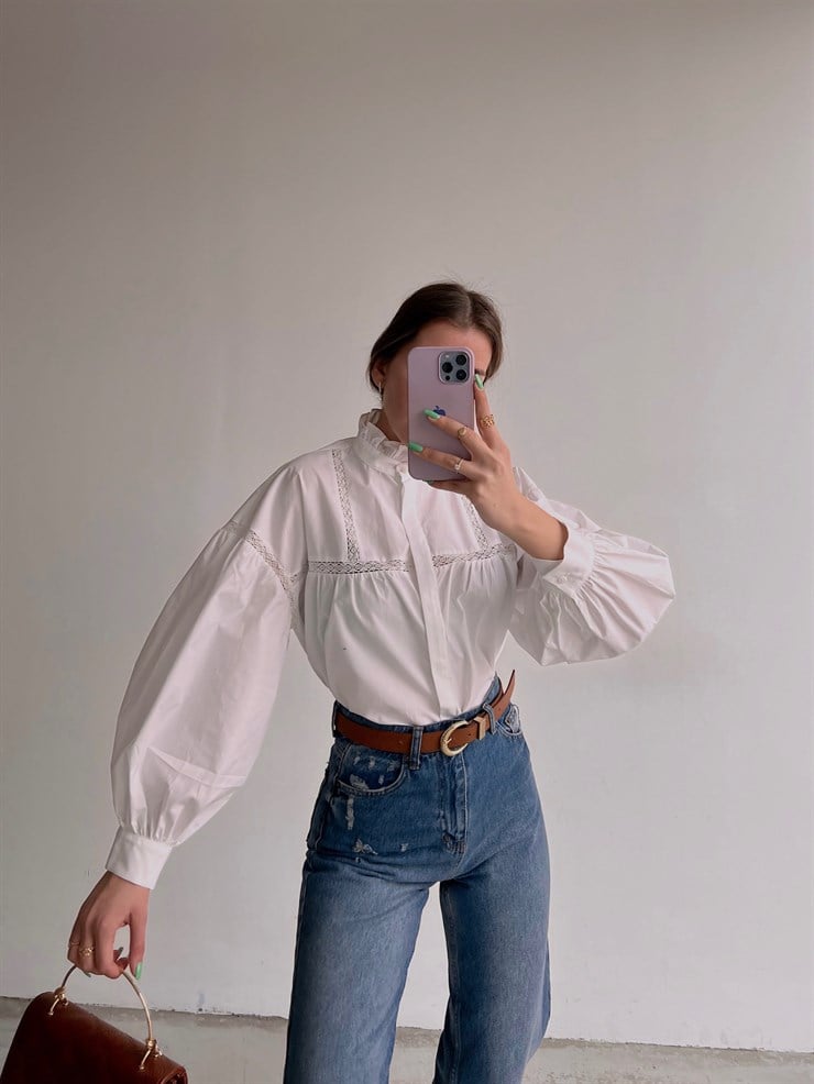 Dik Fırfırlı Yaka Dantel Detaylı Jamya Kadın Beyaz Gömlek 22Y000058