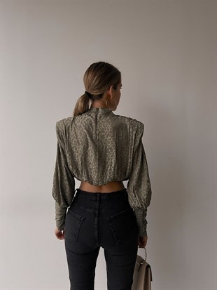 Leopar Desen Dik Yaka Omuz Büzgülü Kadın Yeşil Bluz 22K000406