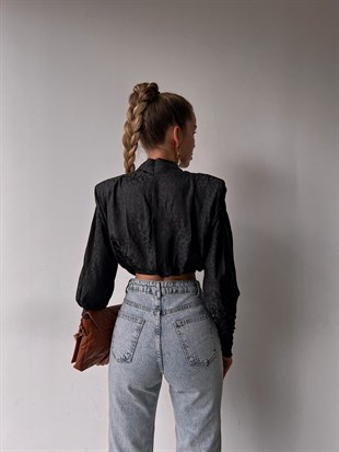 Leopar Desen Dik Yaka Omuz Büzgülü Kadın Siyah Bluz 22K000406