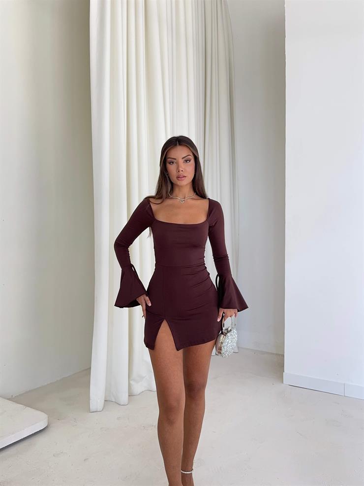 Yırtmaçlı Starplez Detay Mini Dina Kahve Kadın Elbise 26K012