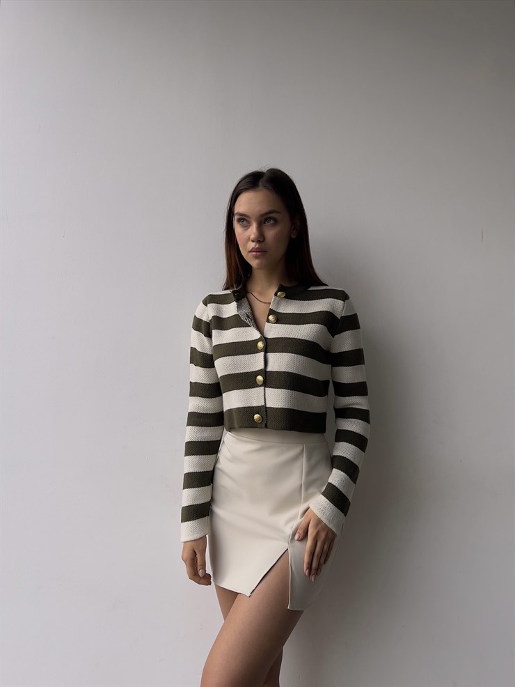 Ön Düğme Kapamalı Bisiklet Yaka Uzun Kollu Dina Kadın Haki Hırka 23K000300