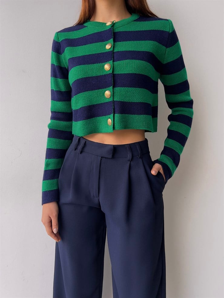 Ön Düğme Kapamalı Bisiklet Yaka Uzun Kollu Dina Kadın Zümrüt Hırka 23K000300