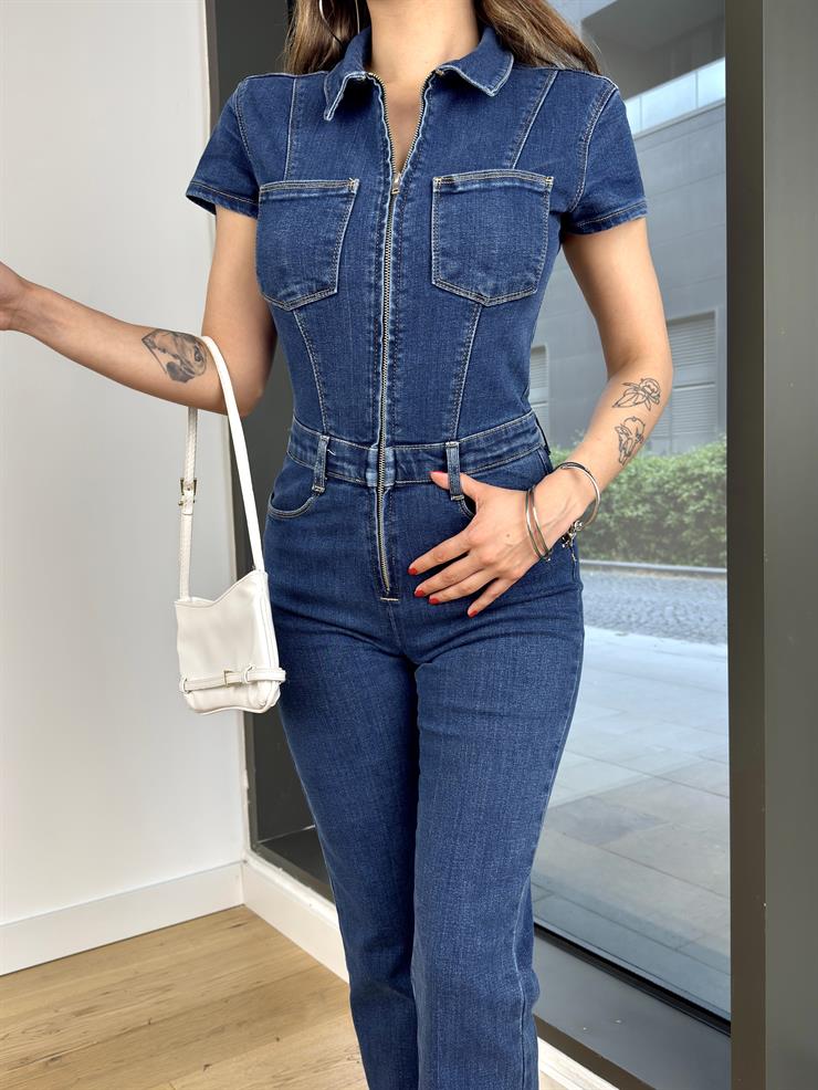 Önden Fermuarlı Kısa Kol İspanyol Paça Dinale Mavi Kadın Kot Tulum 25Y288