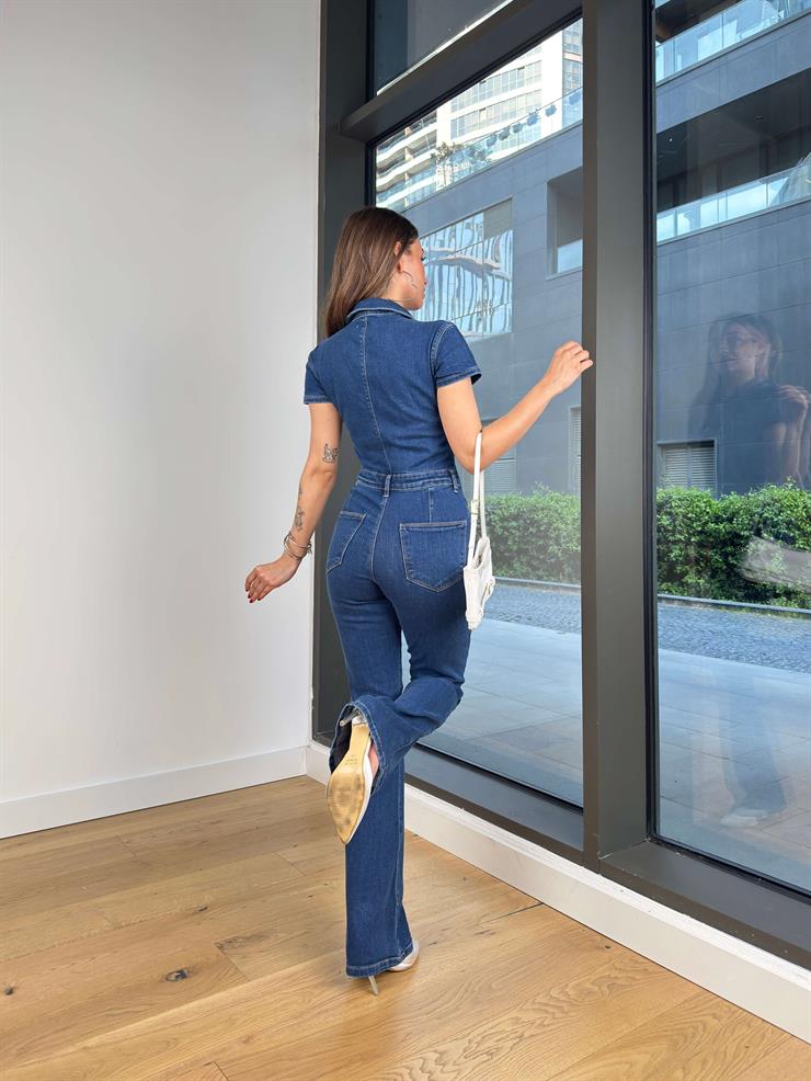 Önden Fermuarlı Kısa Kol İspanyol Paça Dinale Mavi Kadın Kot Tulum 25Y288