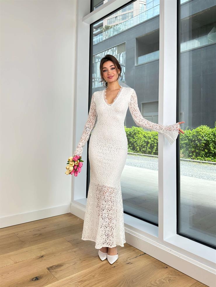 V Yaka Dantel Dinho Kadın Beyaz elbise 24Y404