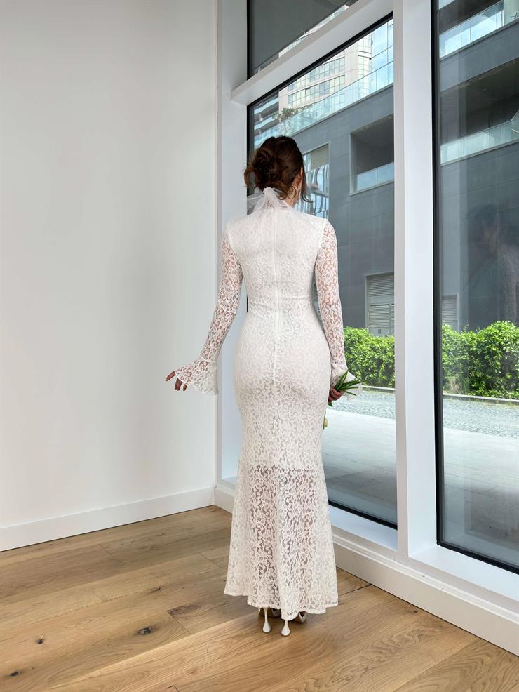 V Yaka Dantel Dinho Kadın Beyaz elbise 24Y404