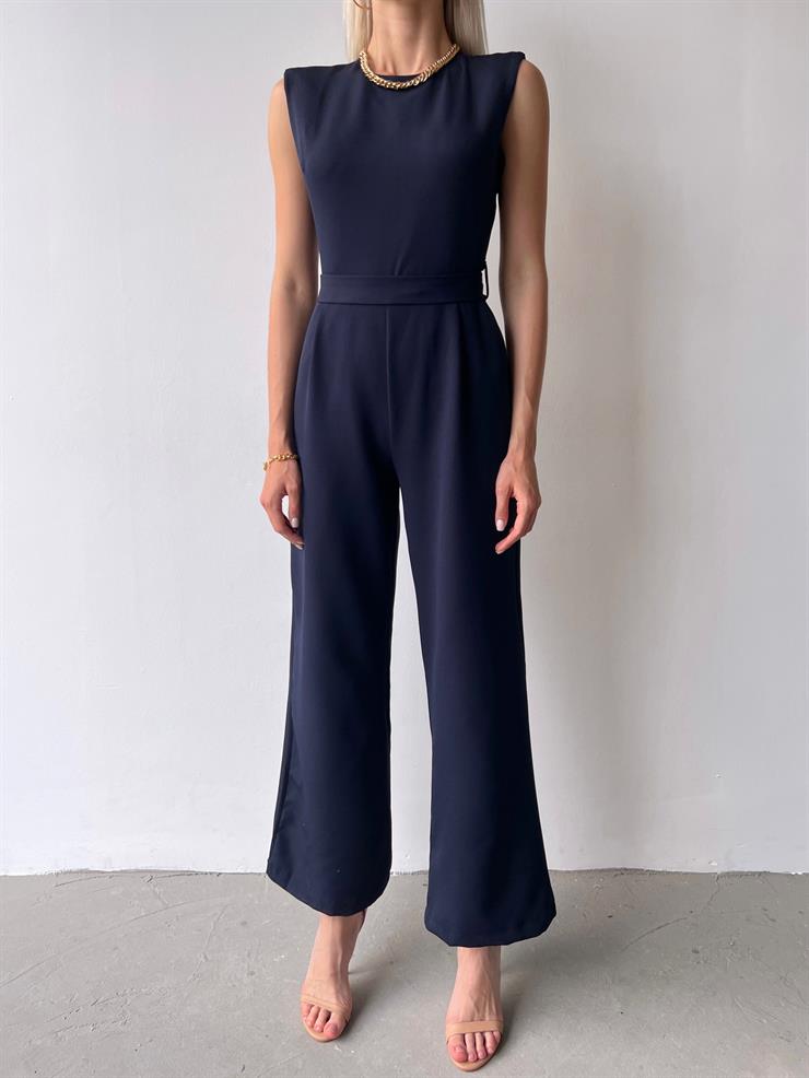 Kolsuz Omuz Vatkalı Belden Kuşaklı Dinis Kadın Lacivert Tulum 23Y000416