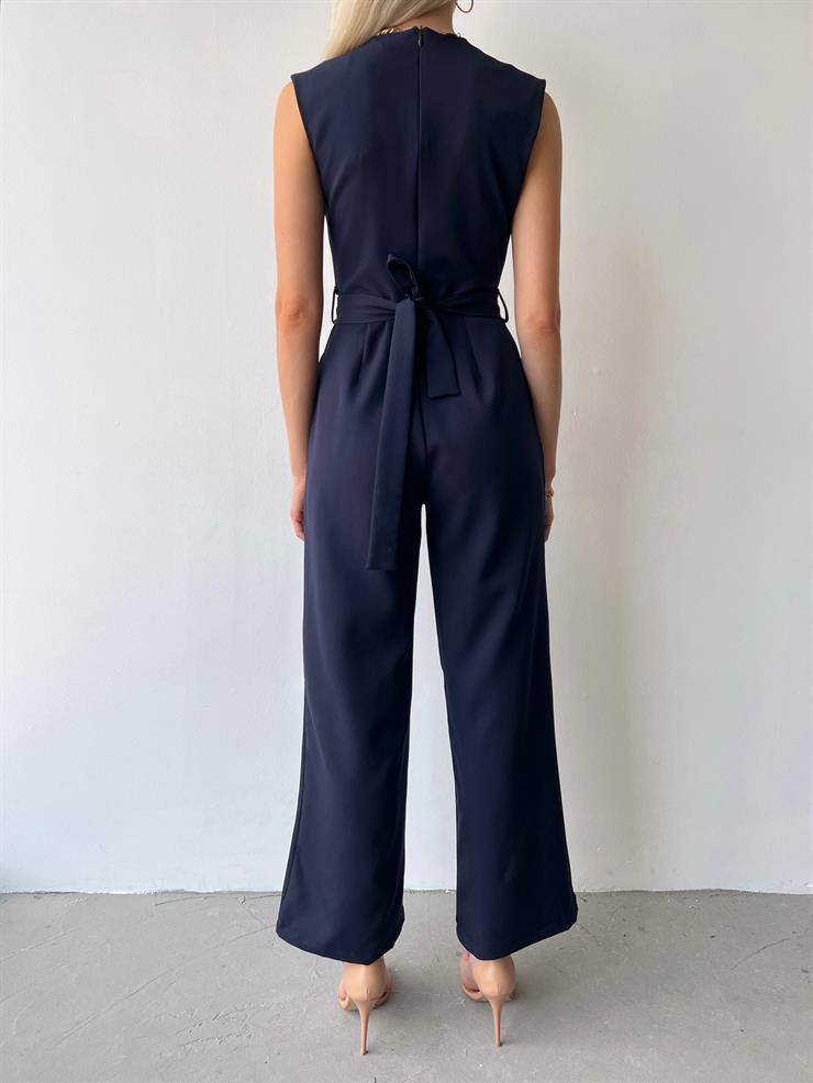 Kolsuz Omuz Vatkalı Belden Kuşaklı Dinis Kadın Lacivert Tulum 23Y000416