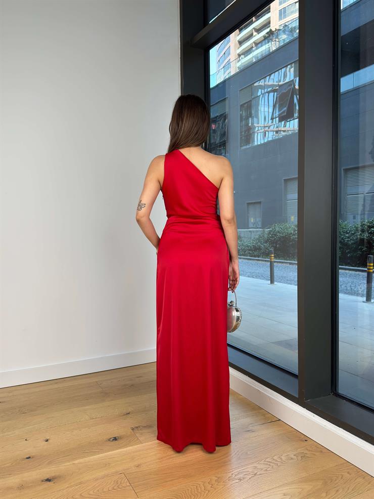 Tek Omuz Askılı Drapeli Bağlama Detaylı Dırab Kırmızı Kadın Elbise 25Y514