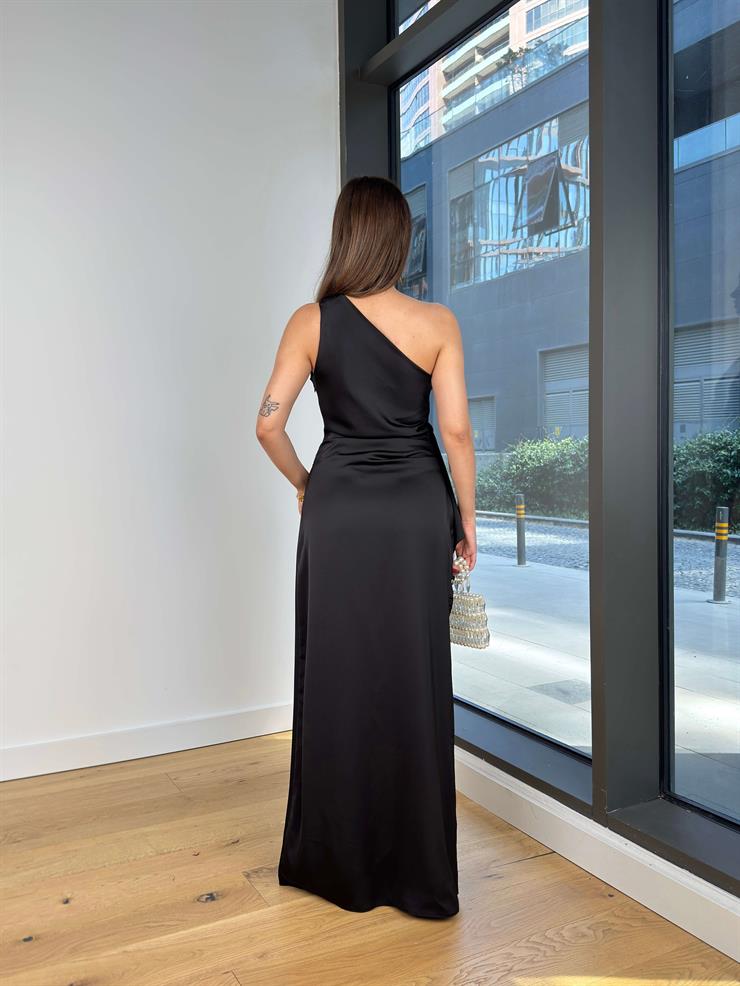 Tek Omuz Askılı Drapeli Bağlama Detaylı Dırab Siyah Kadın Elbise 25Y514