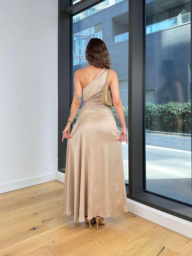 Tek Omuz Askılı Drapeli Beli Pencere Detaylı Direlen Taş Kadın Elbise 25Y501