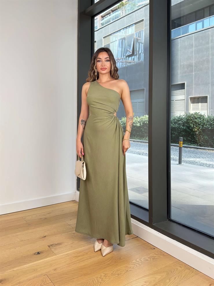 Tek Omuz Askılı Drapeli Beli Pencere Detaylı Direlen Haki Kadın Elbise 25Y501