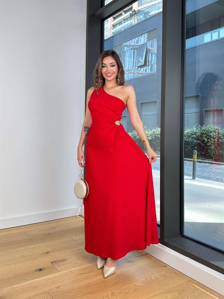 Tek Omuz Askılı Drapeli Beli Pencere Detaylı Direlen Kırmızı Kadın Elbise 25Y501