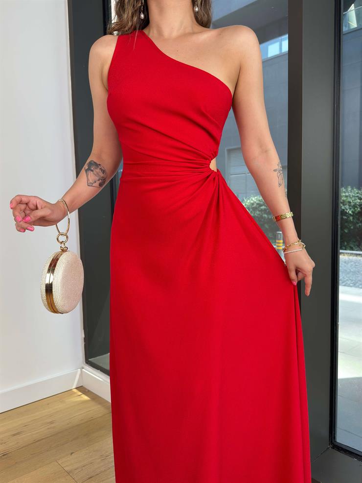 Tek Omuz Askılı Drapeli Beli Pencere Detaylı Direlen Kırmızı Kadın Elbise 25Y501