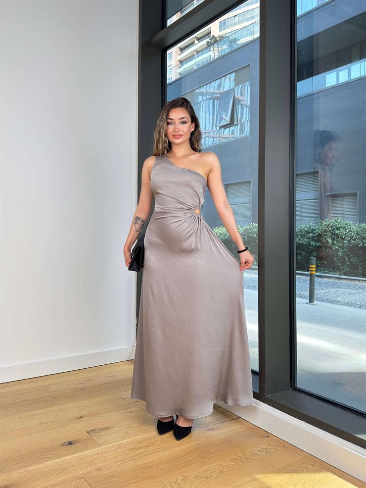 Tek Omuz Askılı Drapeli Beli Pencere Detaylı Direlen Gri Kadın Elbise 25Y501