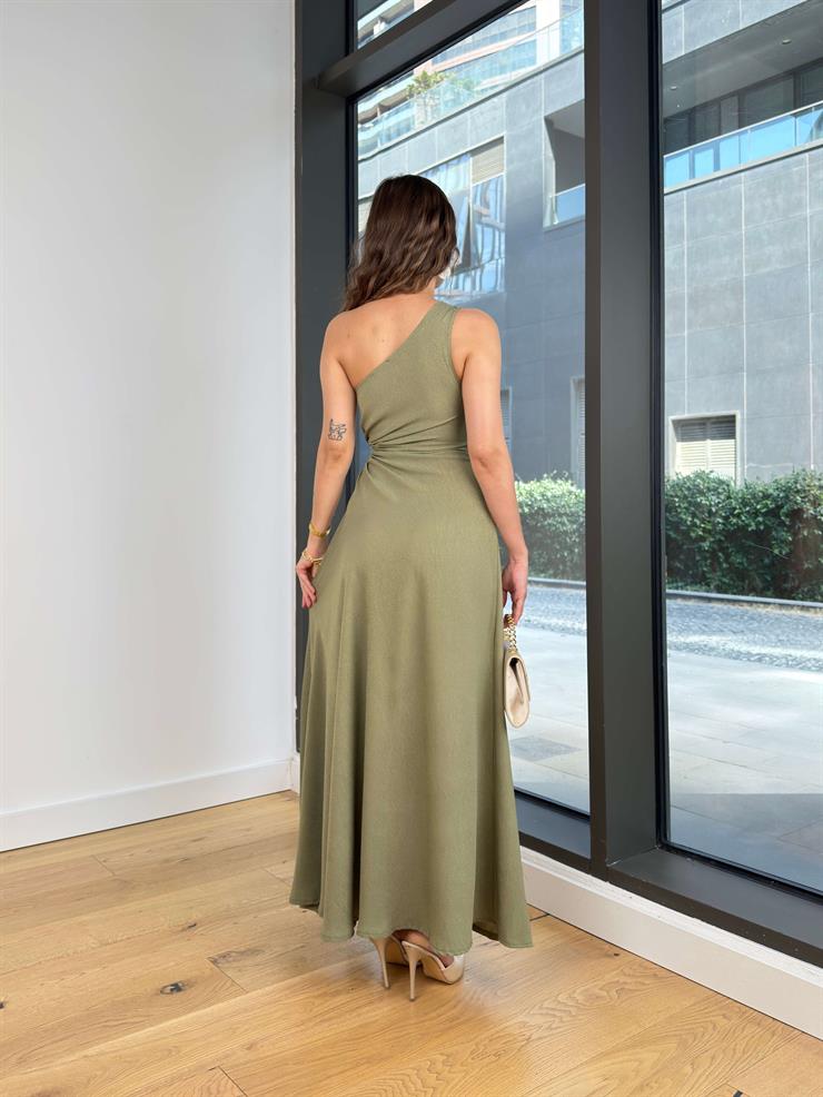 Tek Omuz Askılı Drapeli Beli Pencere Detaylı Direlen Haki Kadın Elbise 25Y501