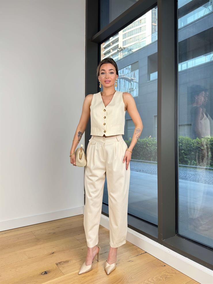 Yüksek Bel Pens Detaylı Disken Natural Kadın Pantlon 25Y286