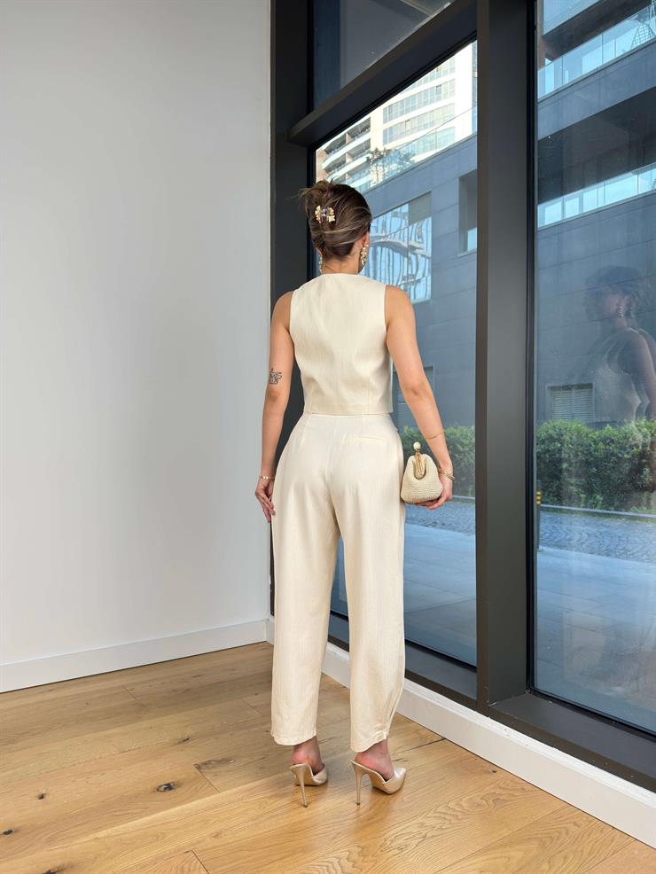 Yüksek Bel Pens Detaylı Disken Natural Kadın Pantlon 25Y286