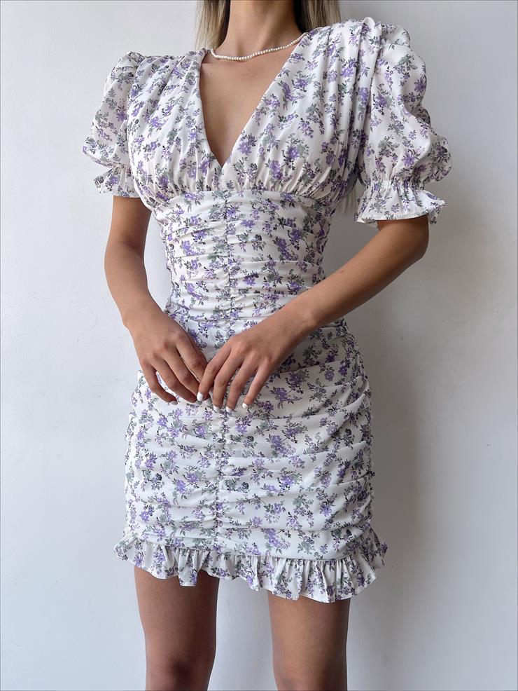 V Yaka Drape Detaylı  Kısa Lastikli Kol Eteği Fırfırlı Dıssolutıon Kadın Mor Mini Elbise 23Y000228