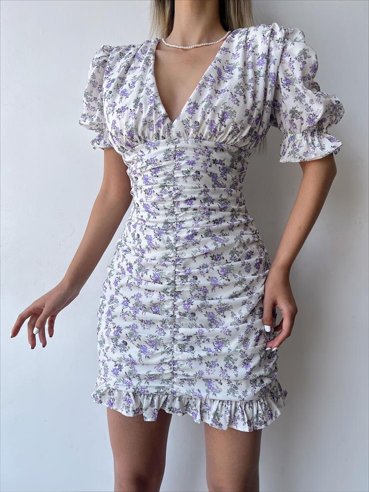 V Yaka Drape Detaylı  Kısa Lastikli Kol Eteği Fırfırlı Dıssolutıon Kadın Mor Mini Elbise 23Y000228