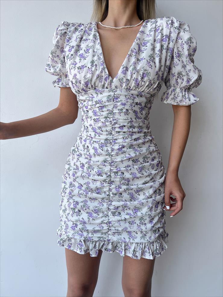 V Yaka Drape Detaylı  Kısa Lastikli Kol Eteği Fırfırlı Dıssolutıon Kadın Mor Mini Elbise 23Y000228