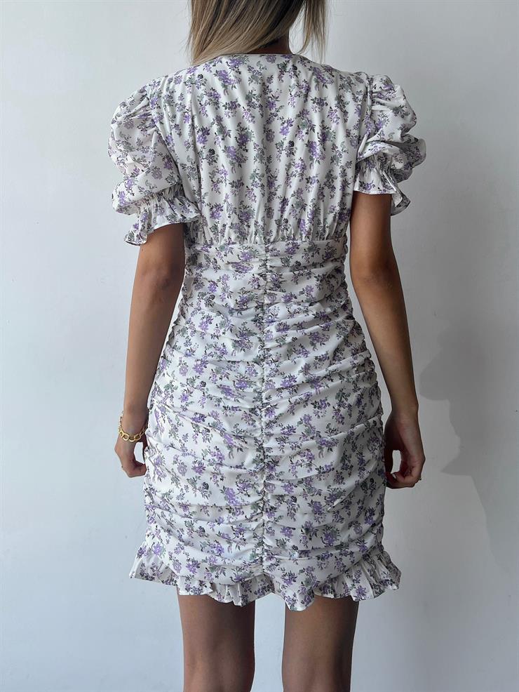 V Yaka Drape Detaylı  Kısa Lastikli Kol Eteği Fırfırlı Dıssolutıon Kadın Mor Mini Elbise 23Y000228