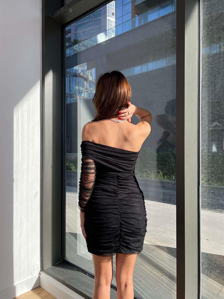 Tek Kol Büzgülü Divas Kadın Siyah Mini Tül Elbise 24k370