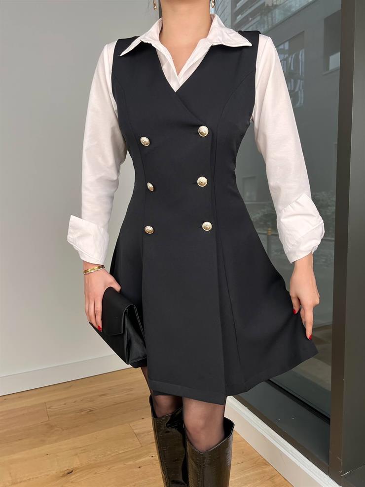 Kruvaze Yaka Düğmeli Divon Siyah Kadın Mini Elbise 25K466