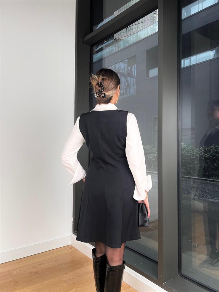 Kruvaze Yaka Düğmeli Divon Siyah Kadın Mini Elbise 25K466