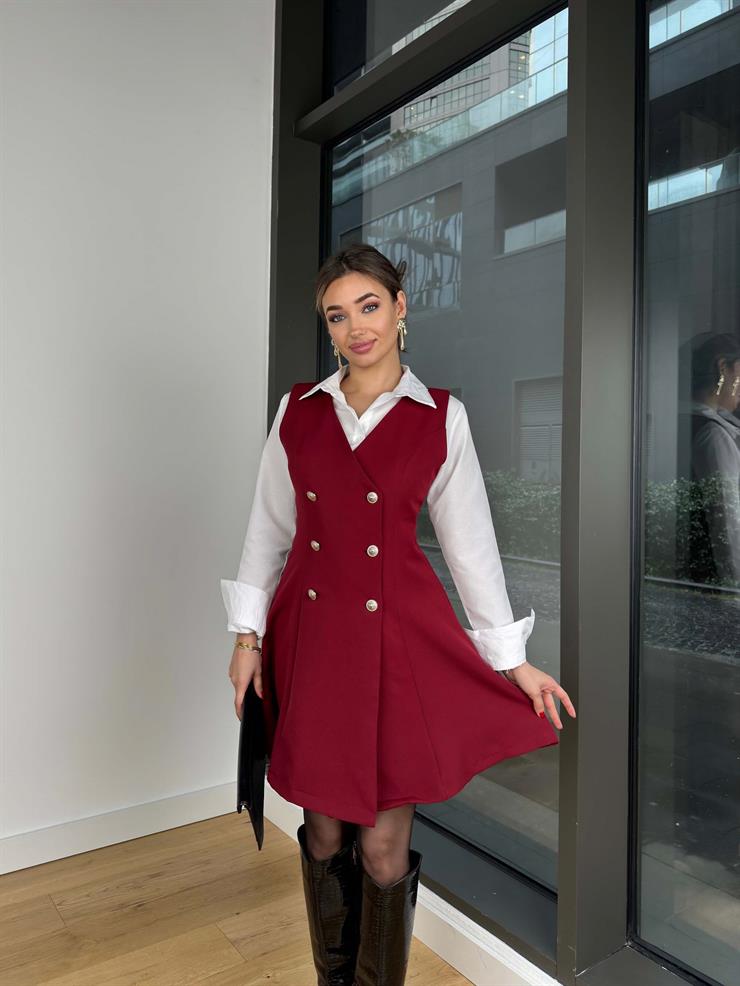 Kruvaze Yaka Düğmeli Divon Bordo Kadın Mini Elbise 25K466