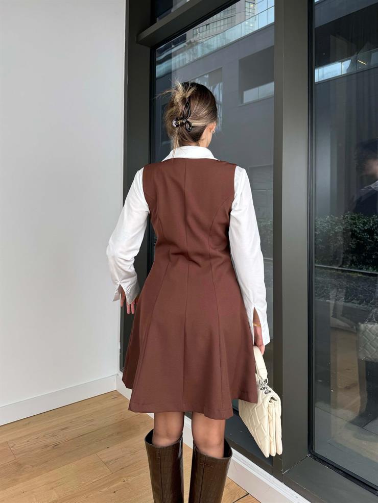 Kruvaze Yaka Düğmeli Divon Kahve Kadın Mini Elbise 25K466